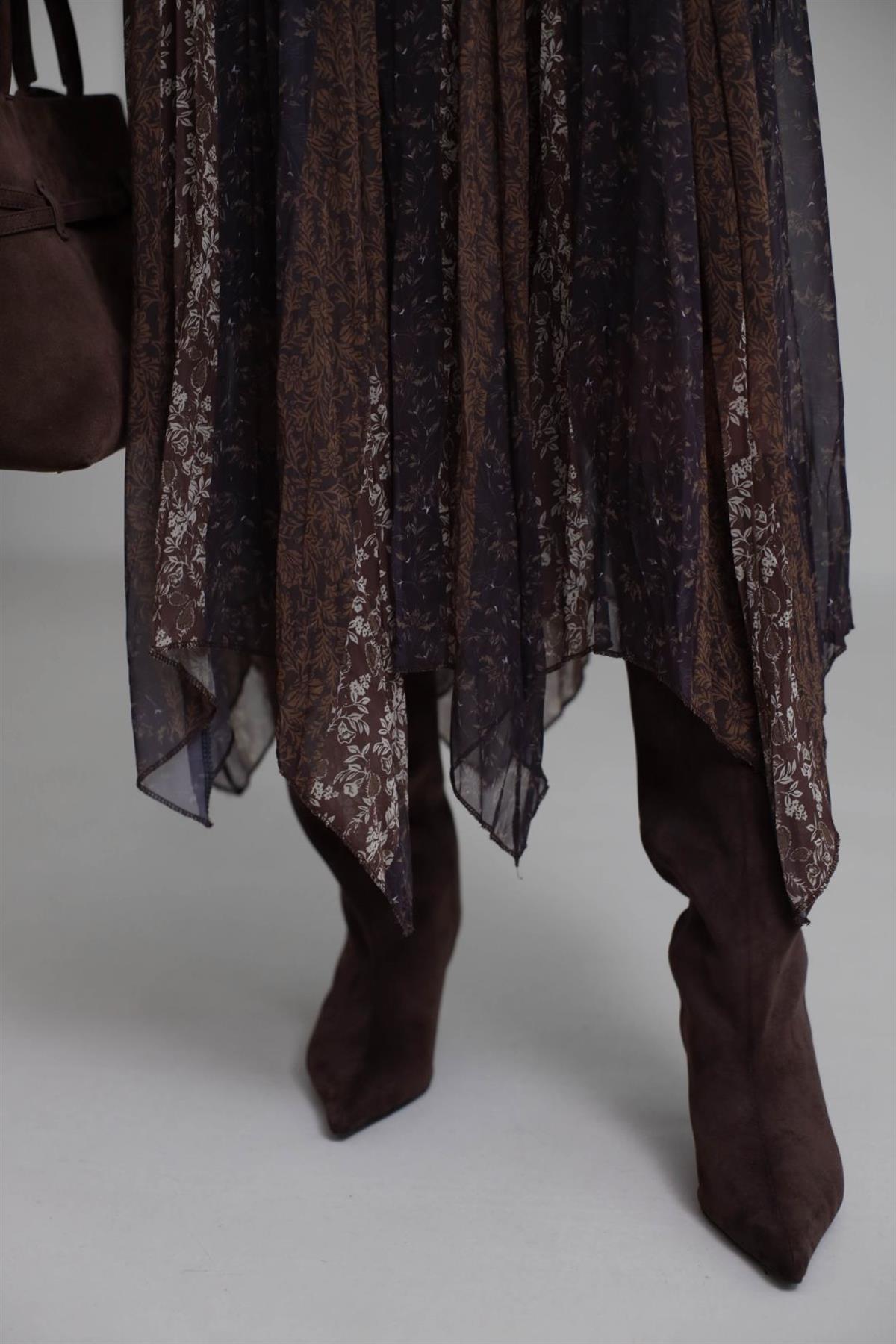 3873 Bel Lastikli Astarlı Asimetrik Etek ÇİÇEKLİ