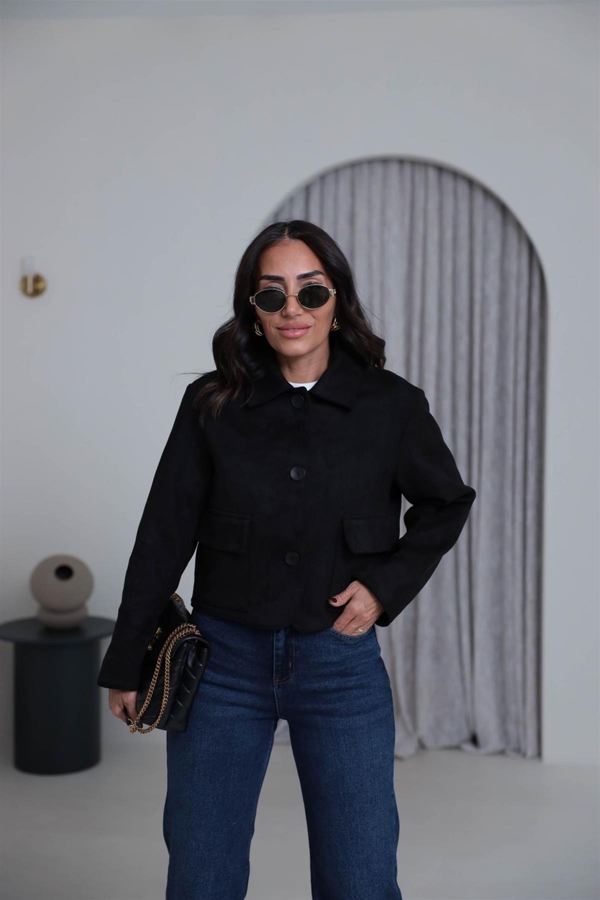 0208  Cep Detaylı Kısa Süet Ceket SİYAH