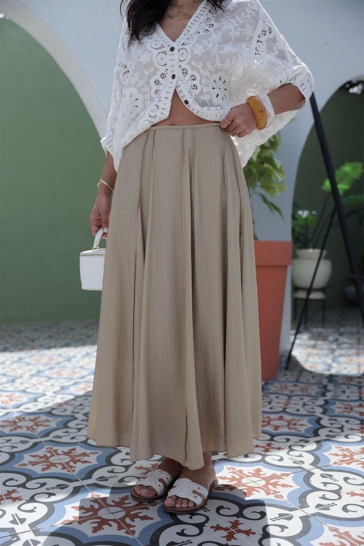 0963 Dikiş Detaylı Astarlı Etek OLİVE