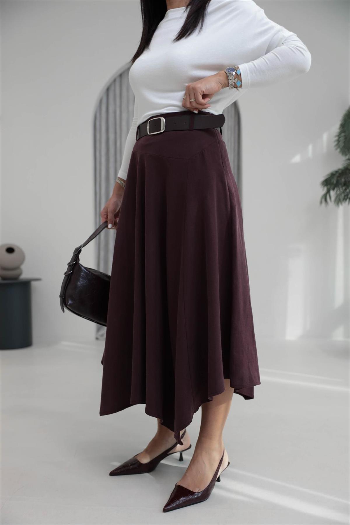 0670 Asimetrik Dikiş Detay Kemerli Kloş Etek MÜRDÜM