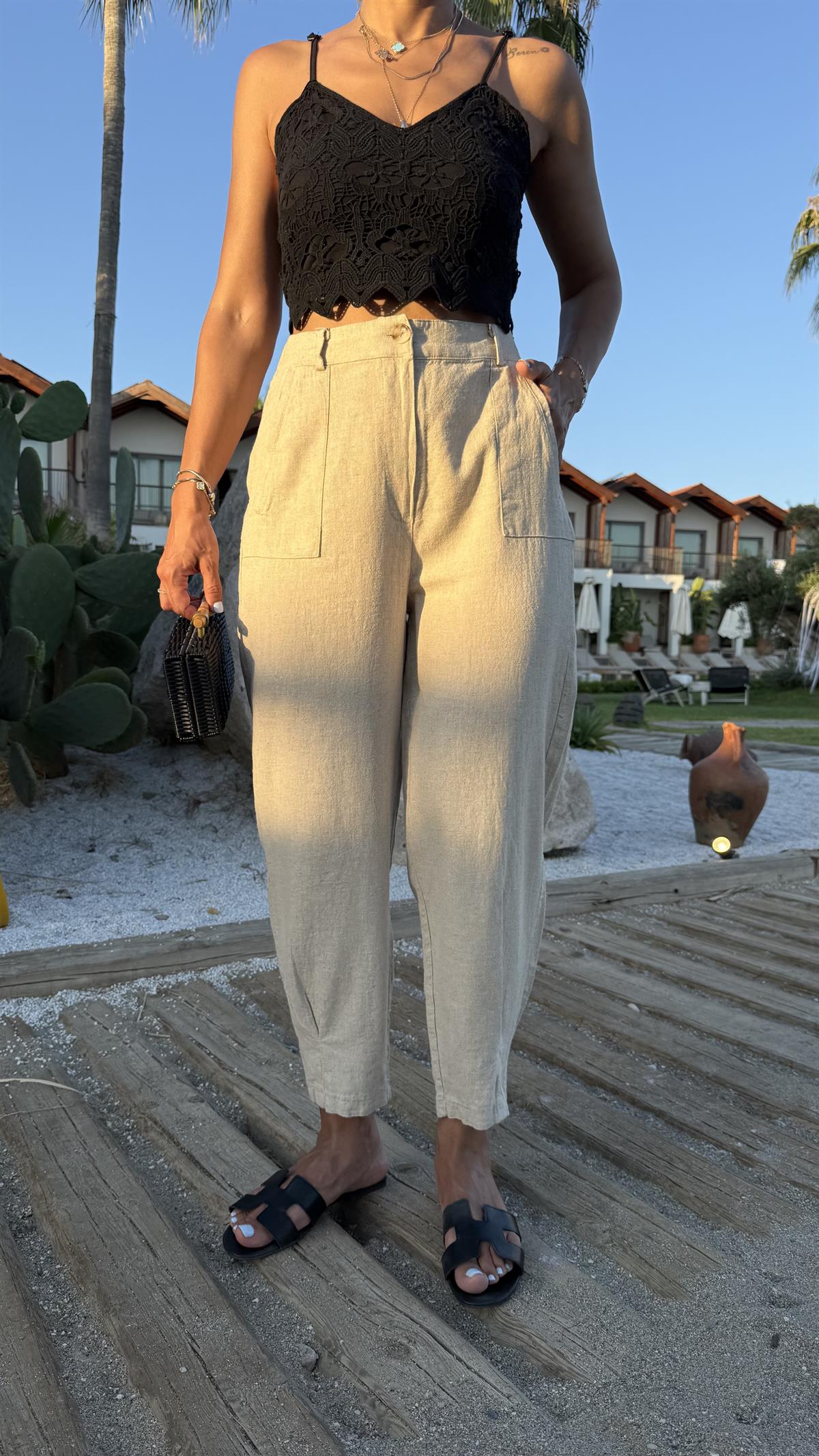 1711 Paçası Pensli Yan Cepli Keten Pantolon TAŞ