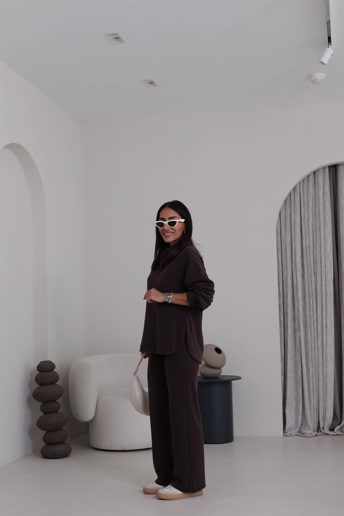 2411 Selanik Polo Yaka Yarım Düğmeli Rahat Takım KAHVE