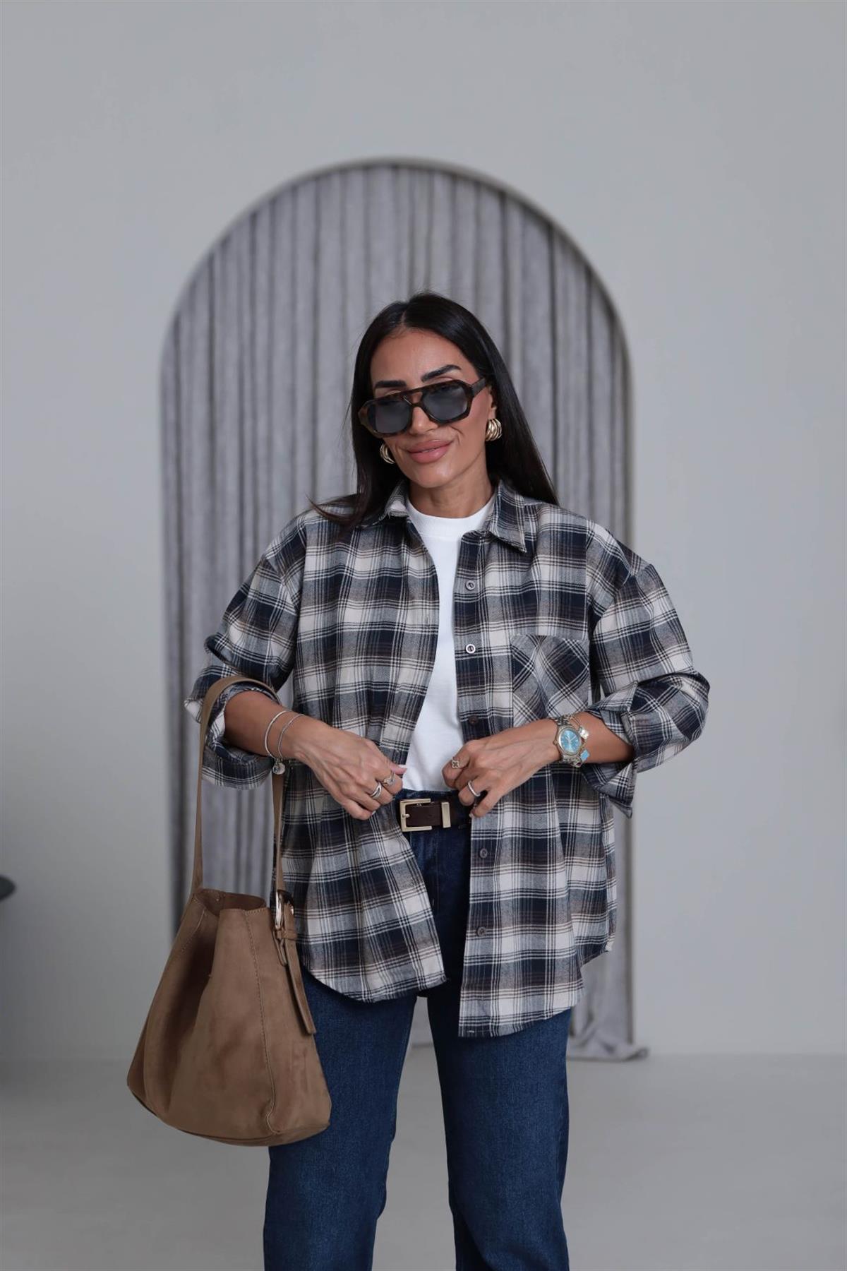 0146 Ekose Desen Oversize Gömlek KAHVE