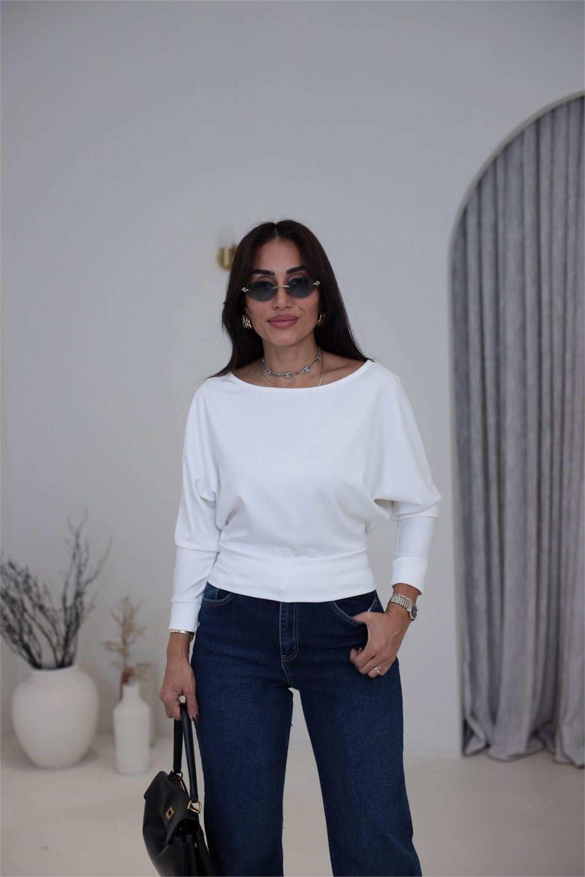 2540 Düşük Omuz Modal Kumaş Bluz EKRU