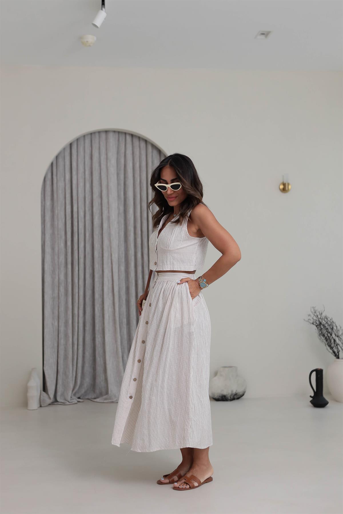 0484 Düğmeli Crop Yelek Etek Çizgili Takım BEJ