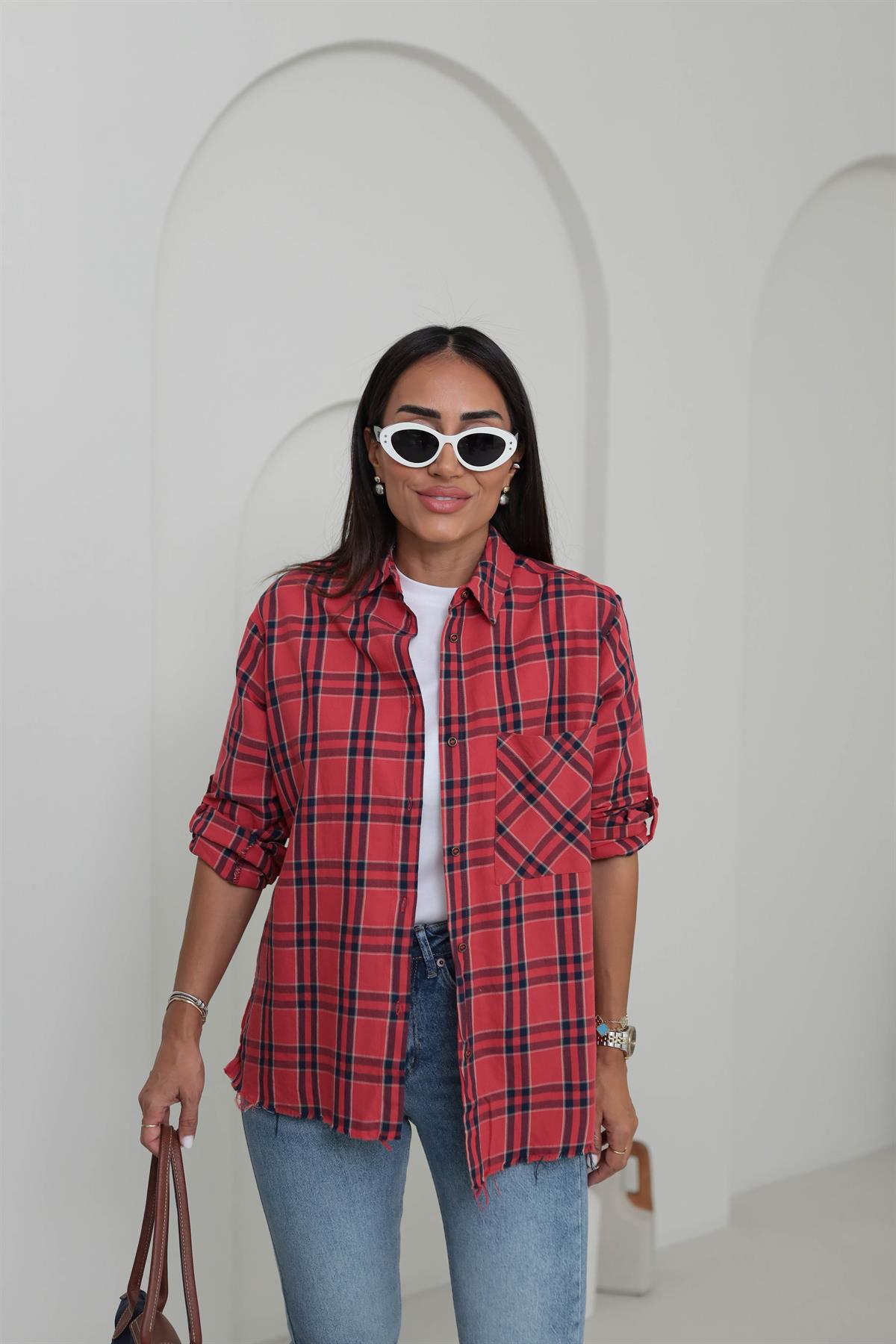 4691 Çizgili Ekose Koton Gömlek KIRMIZI