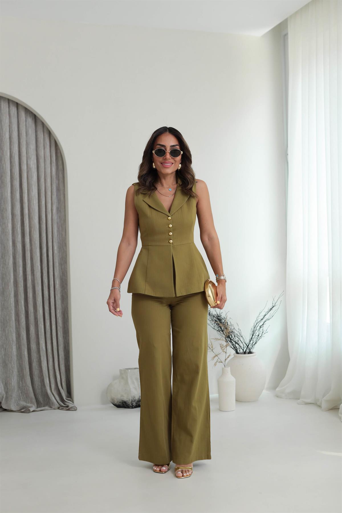 9206 Yıkamalı Keten Yelekli Takım OLİVE