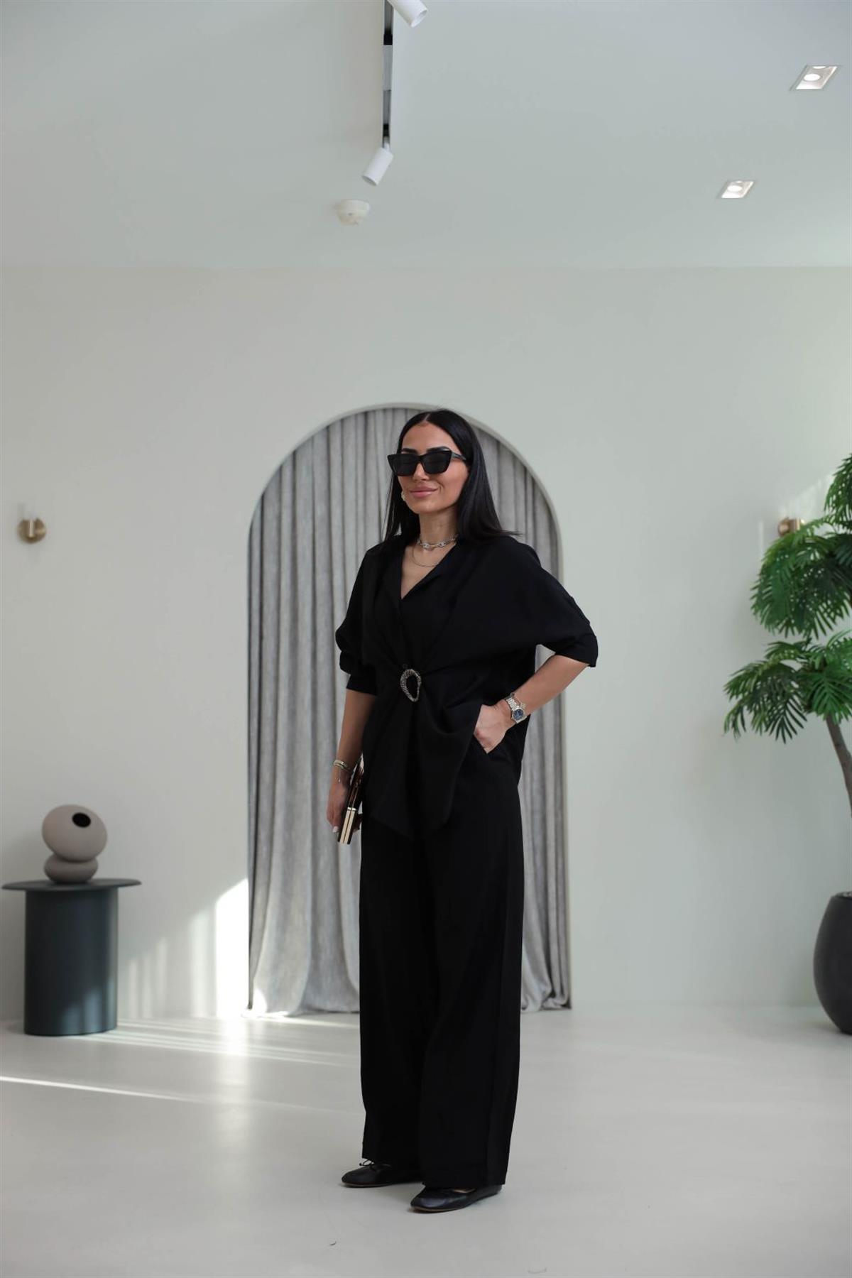 7091 Broş Detaylı Gömlek Pantolon Takım SİYAH