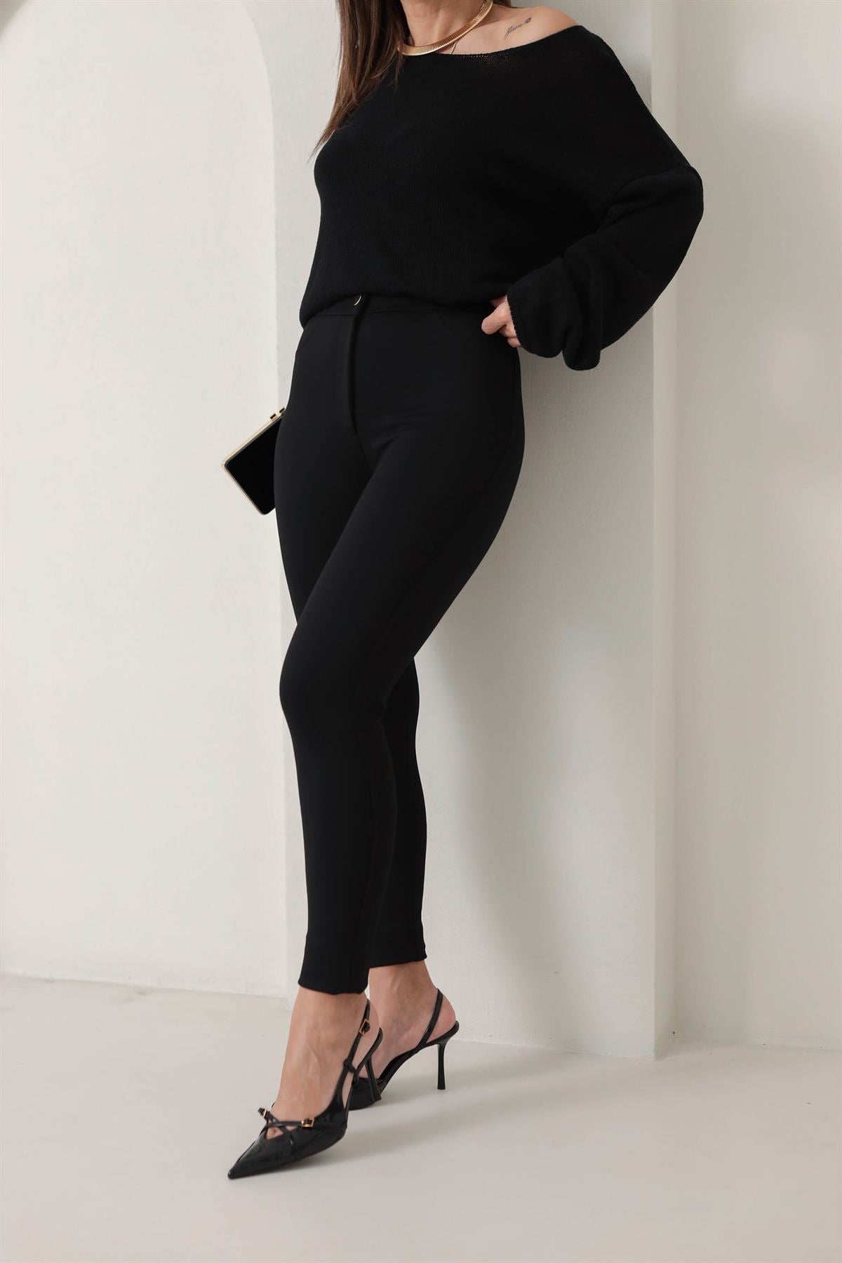 5121 Gold Düğme Detaylı Tayt Pantolon SİYAH