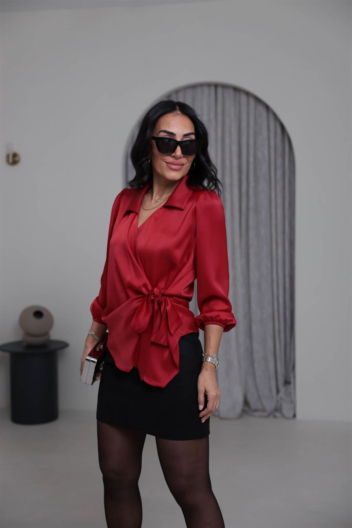 K0132 Kruvaze Yaka İpek Saten Gömlek Bluz KIRMIZI