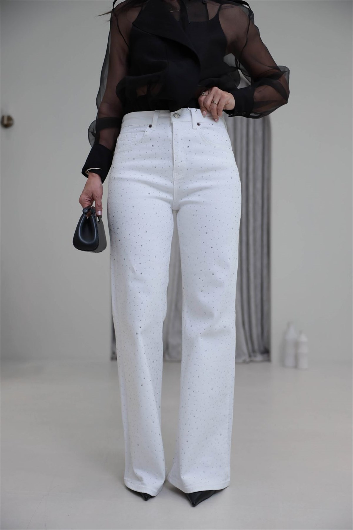 Taşlı Yüksek Bel Likralı Wide Leg Jean BEYAZ