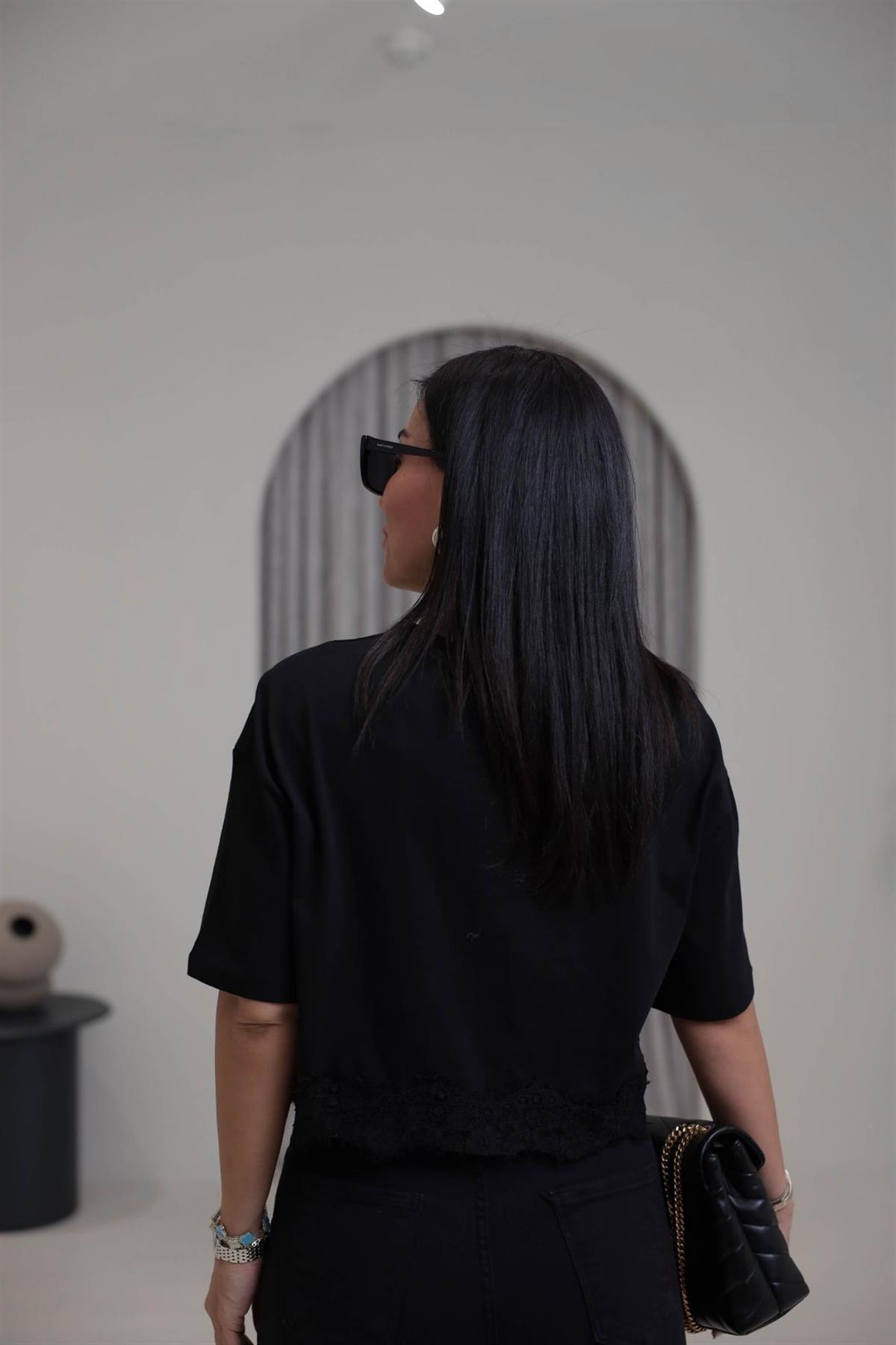 2252 Dantel Detaylı Pamuklu Kısa Tshirt SİYAH