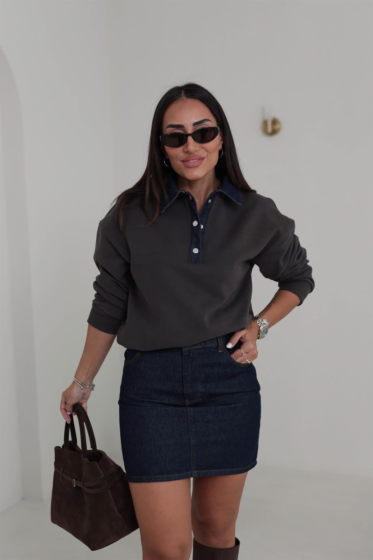 0178 Denim Yaka Tasarım Sweatshirt KAHVE