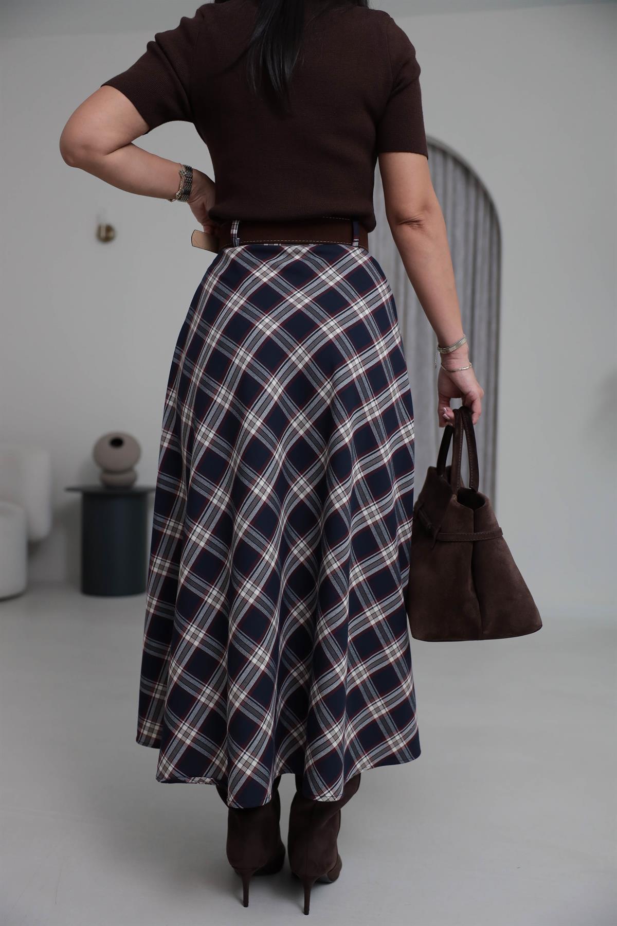 8461 Süet Kemerli Ekose Maxi Etek LACİ-BORDO