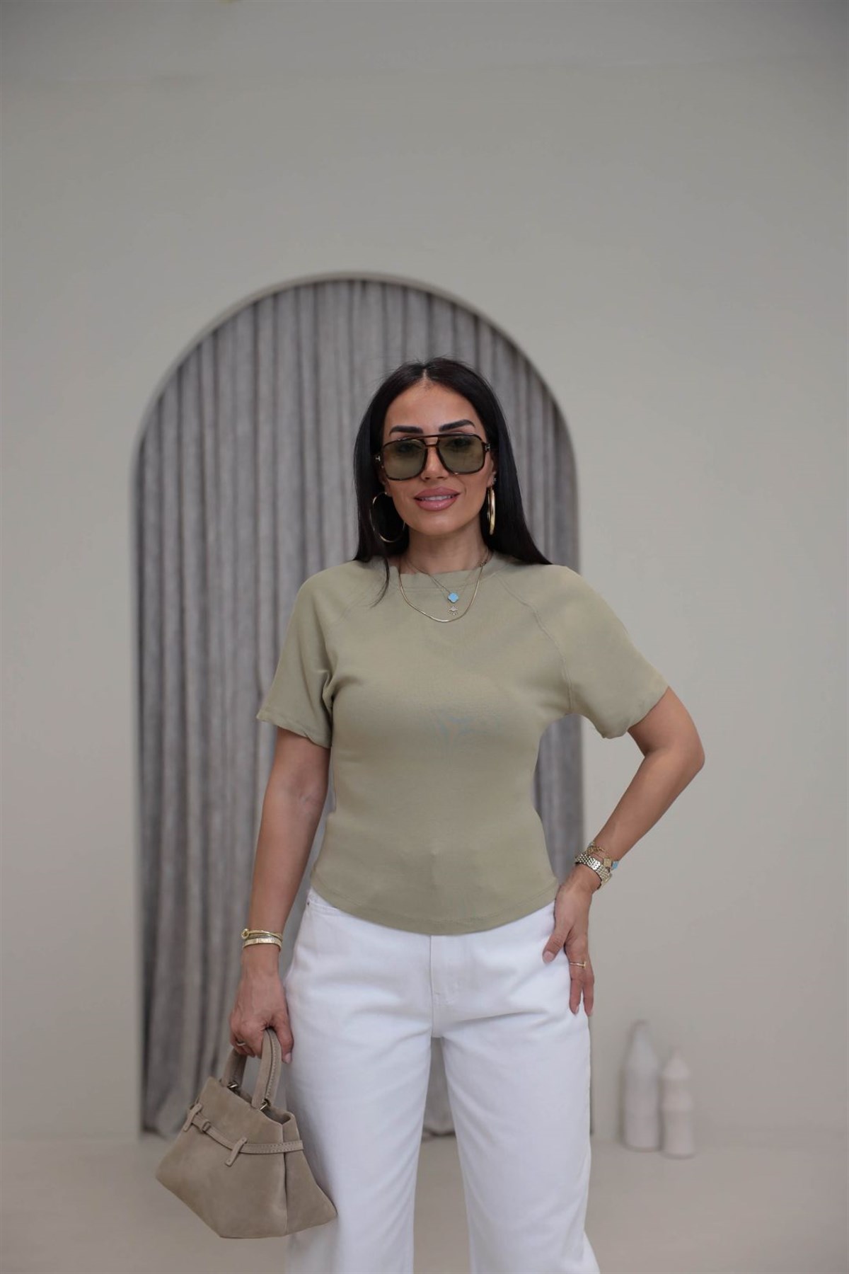 2322 Reglan Kol Yandan Fermuarlı Pamuklu Tshirt AÇIK HAKİ