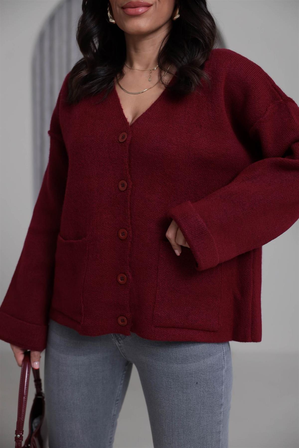 5231 Cepli Ters Dikiş Detaylı Hırka BORDO