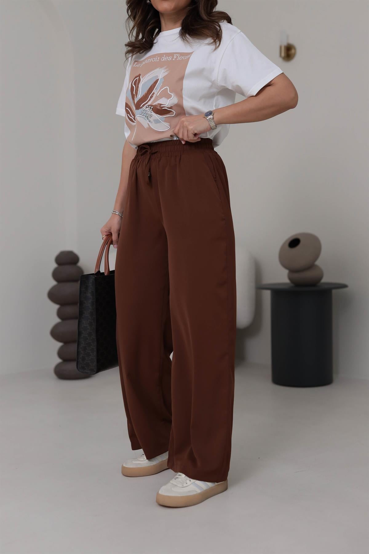 0858 Bel Lastikli Döküm Palazzo Pantolon KAHVE