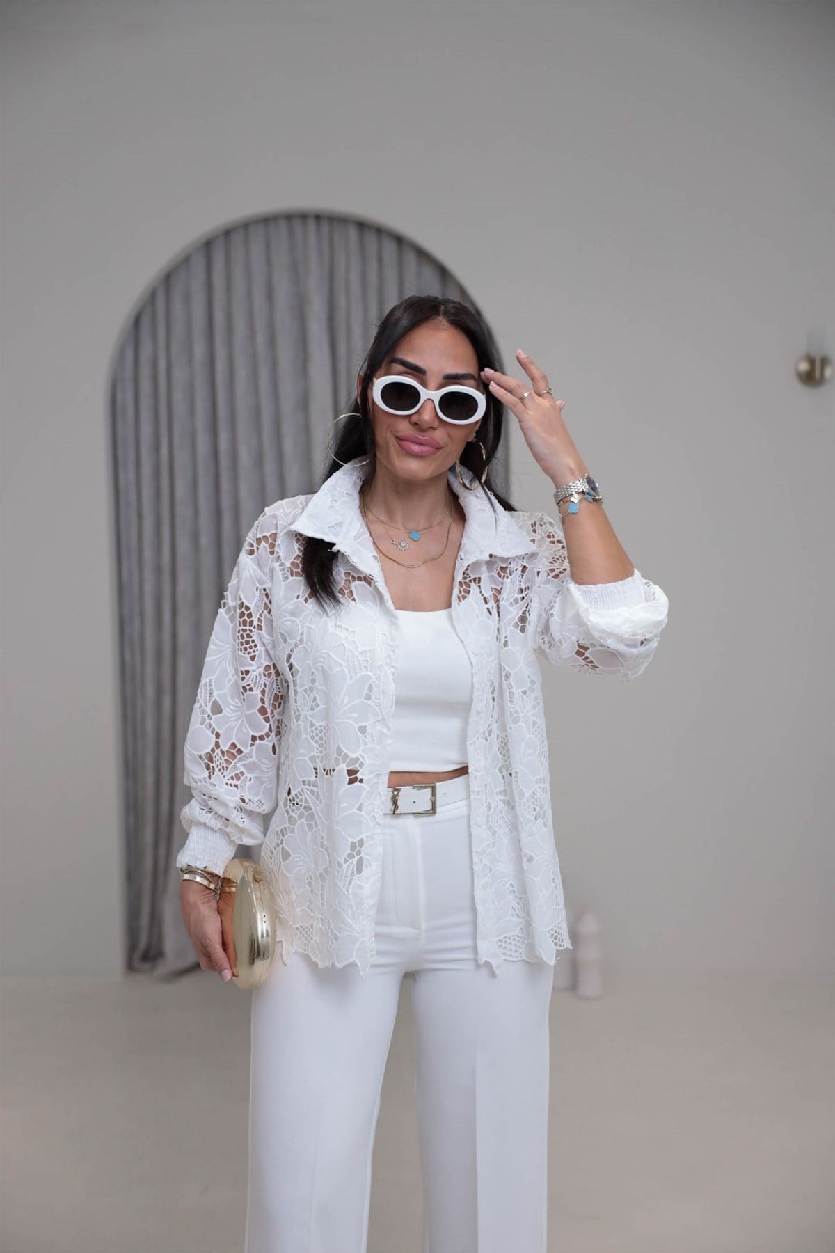 Kol Lastik Detaylı Güpürlü Gömlek BEYAZ