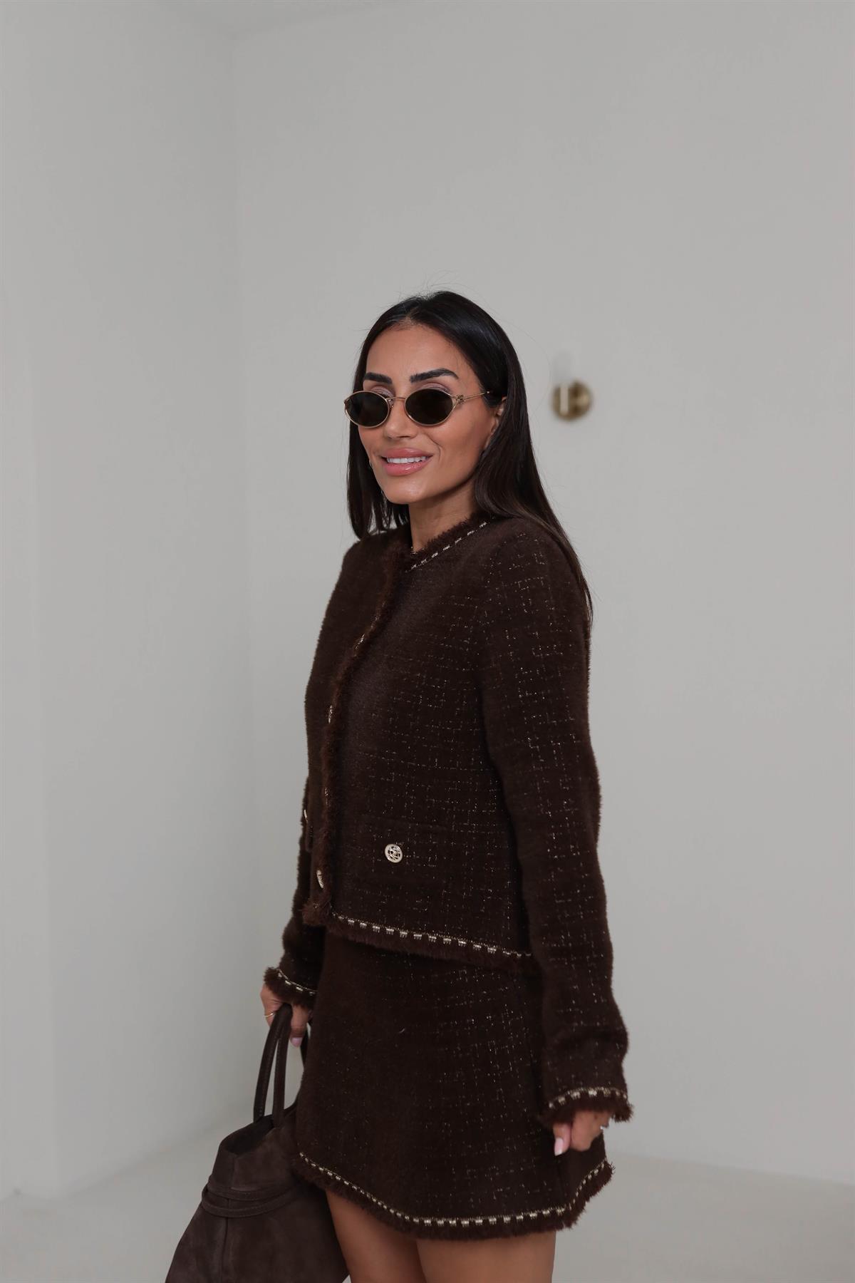 0419 Püskül ve Sim Detaylı Angora Ceket ACI KAHVE