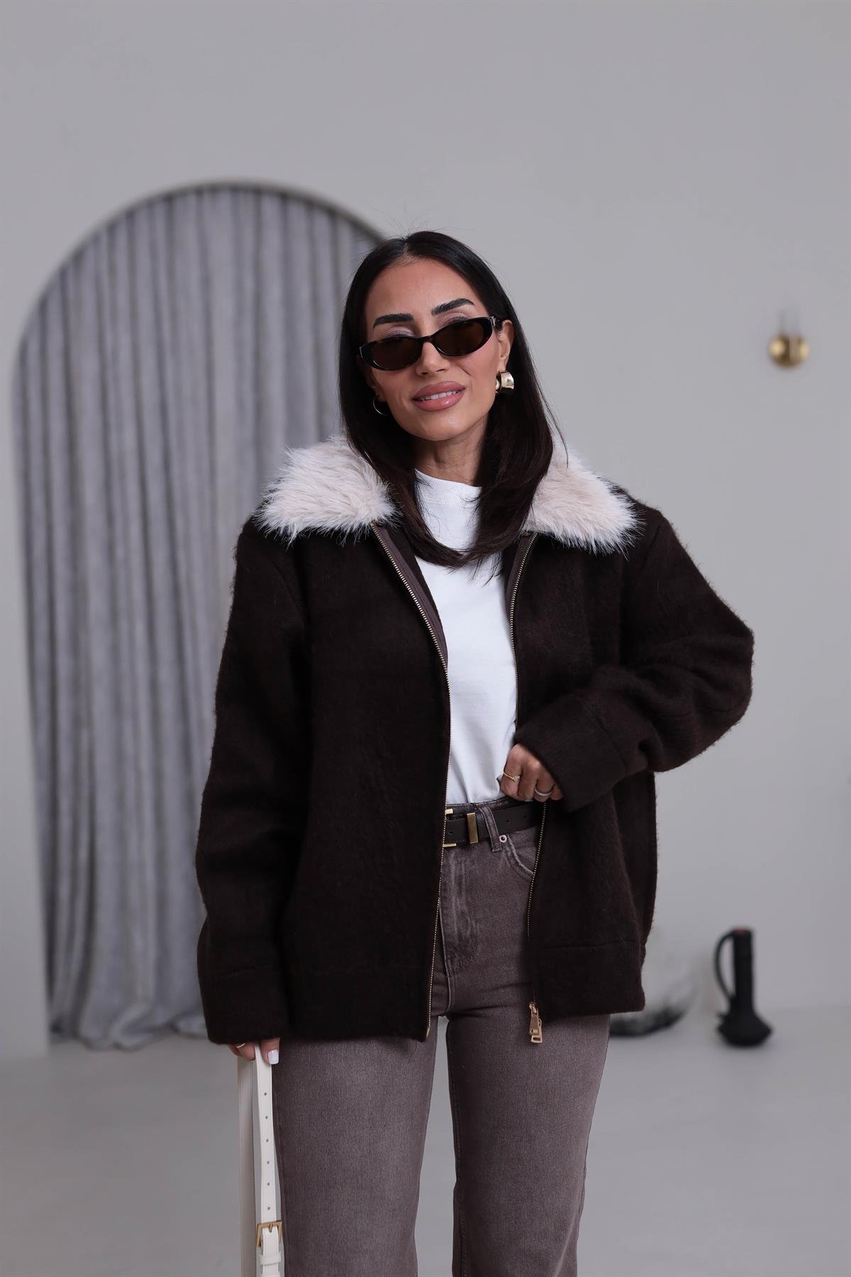 6874 Çıkarılabilir Kürk Yakalı Triko Hırka ACI KAHVE