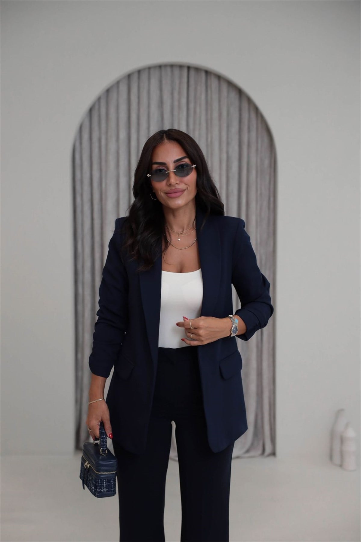 3101Y Vatkalı Kolları Büzgülü Blazer Ceket LACİVERT