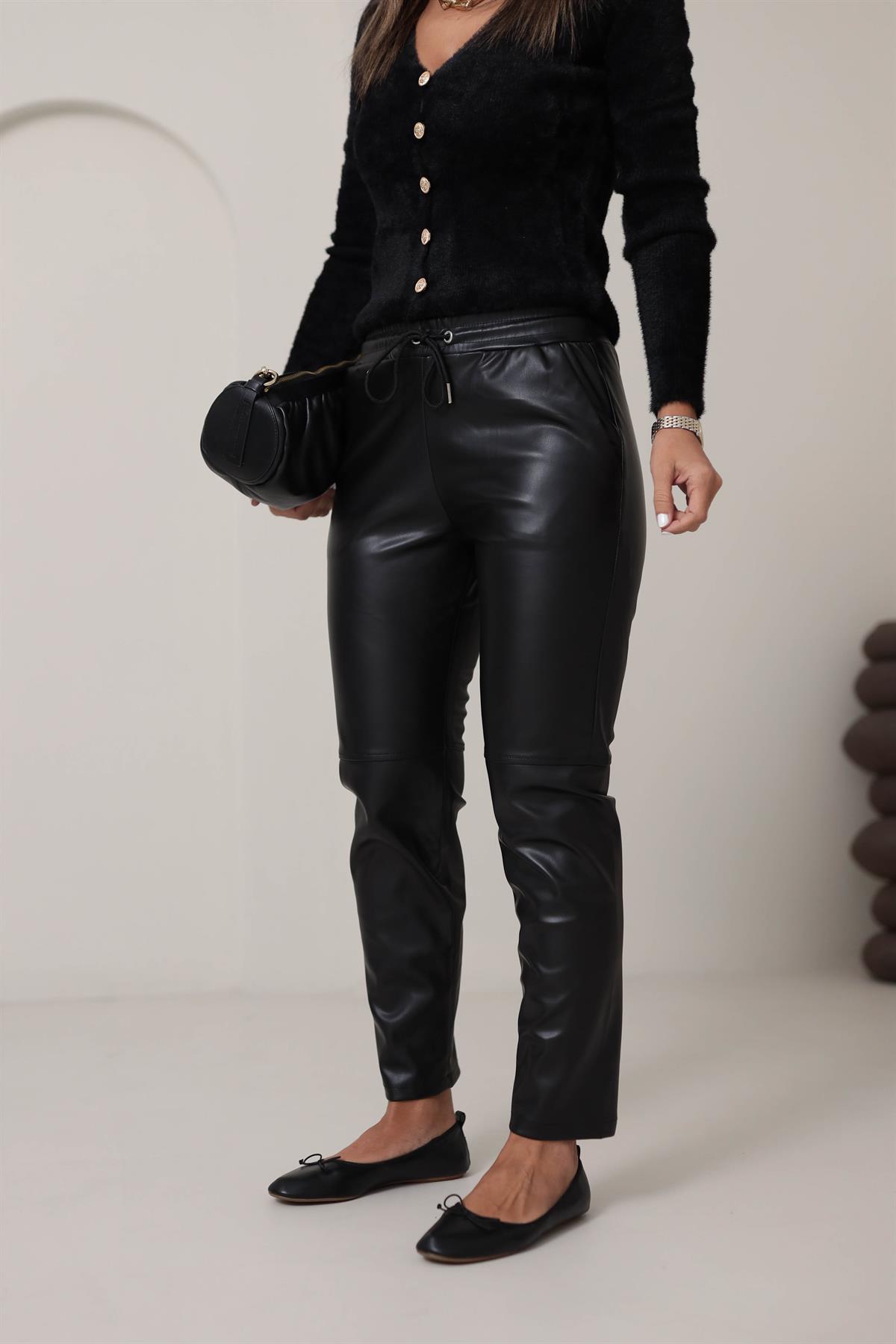 2022 Beli Lastikli Çimalı Deri Pantolon SİYAH
