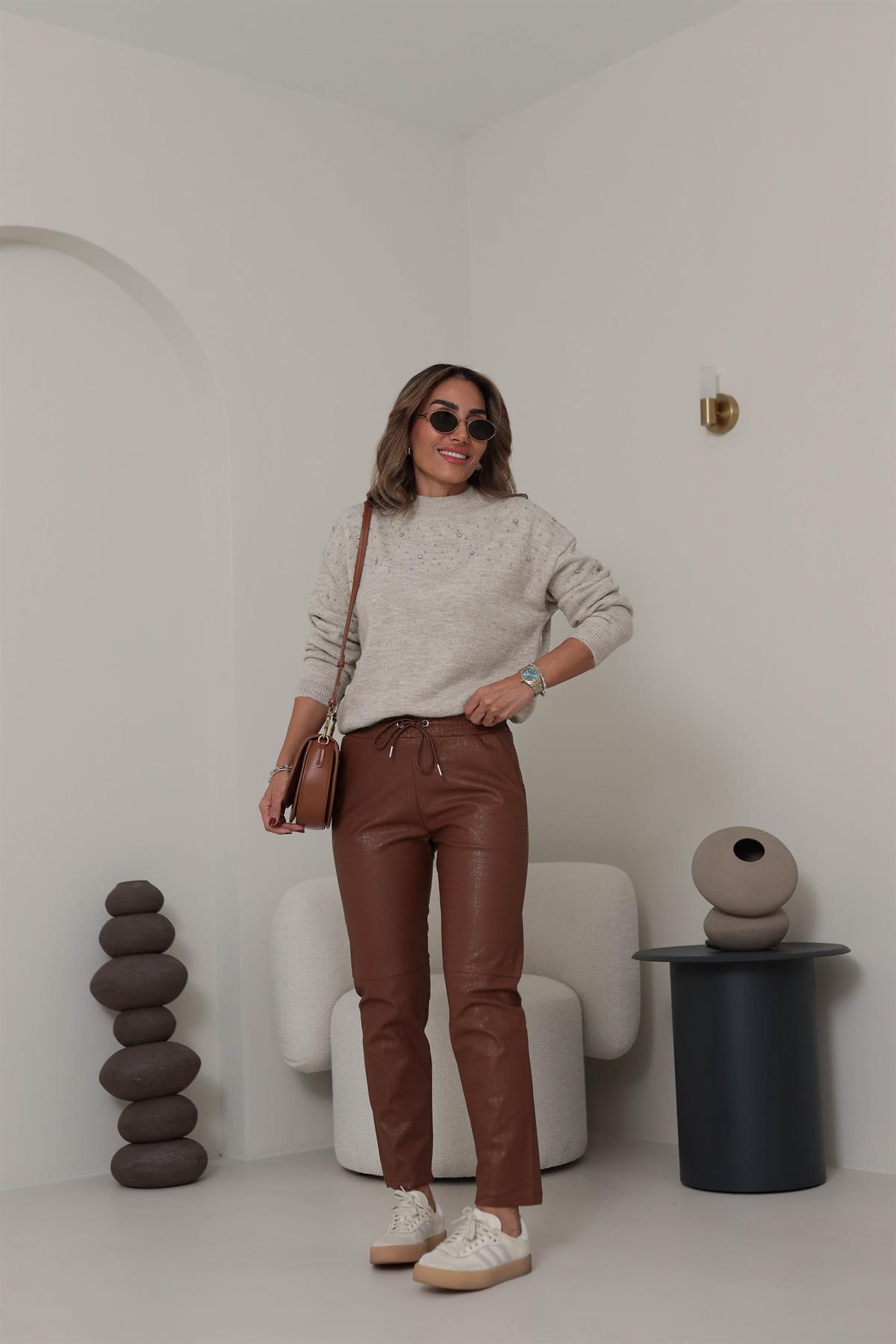 3410 Krokodil Parçalı Deri Pantolon