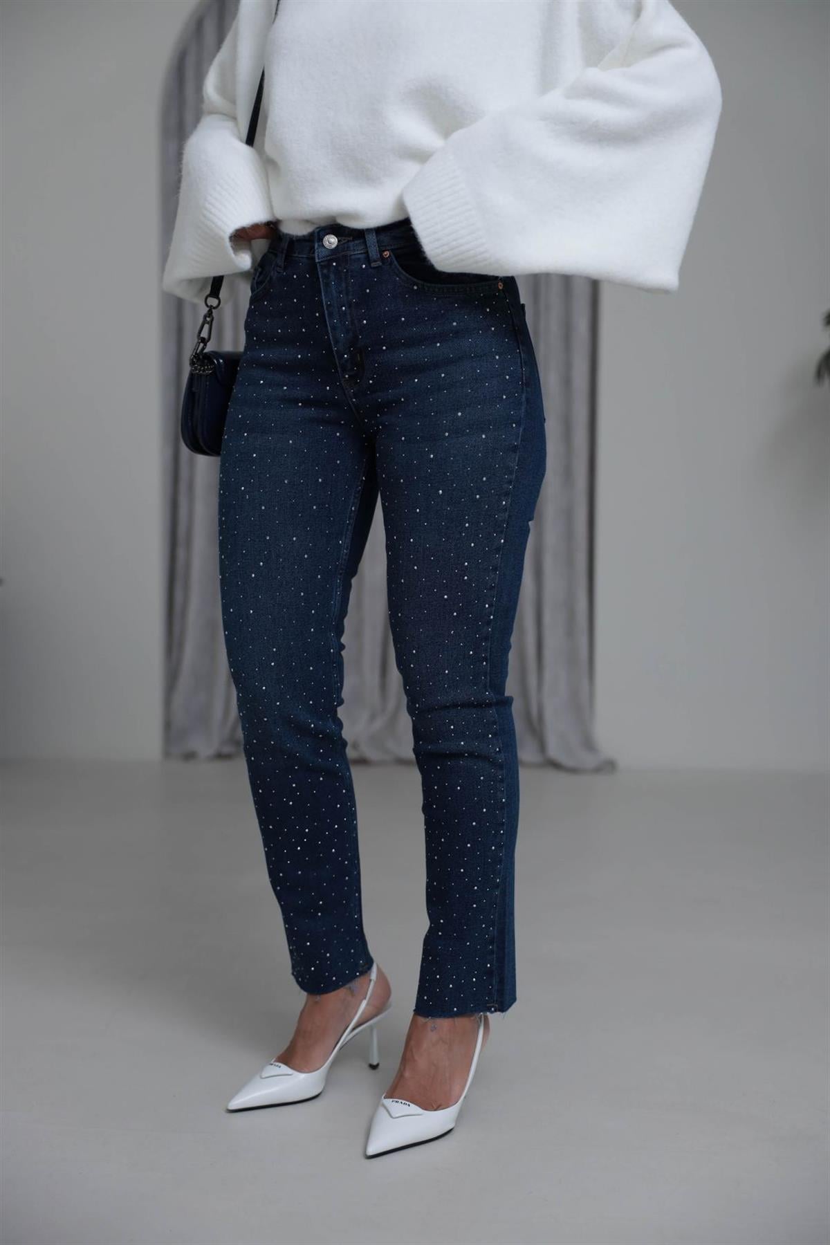 1055 Serpme Taşlı Likralı Jean KOYU MAVİ