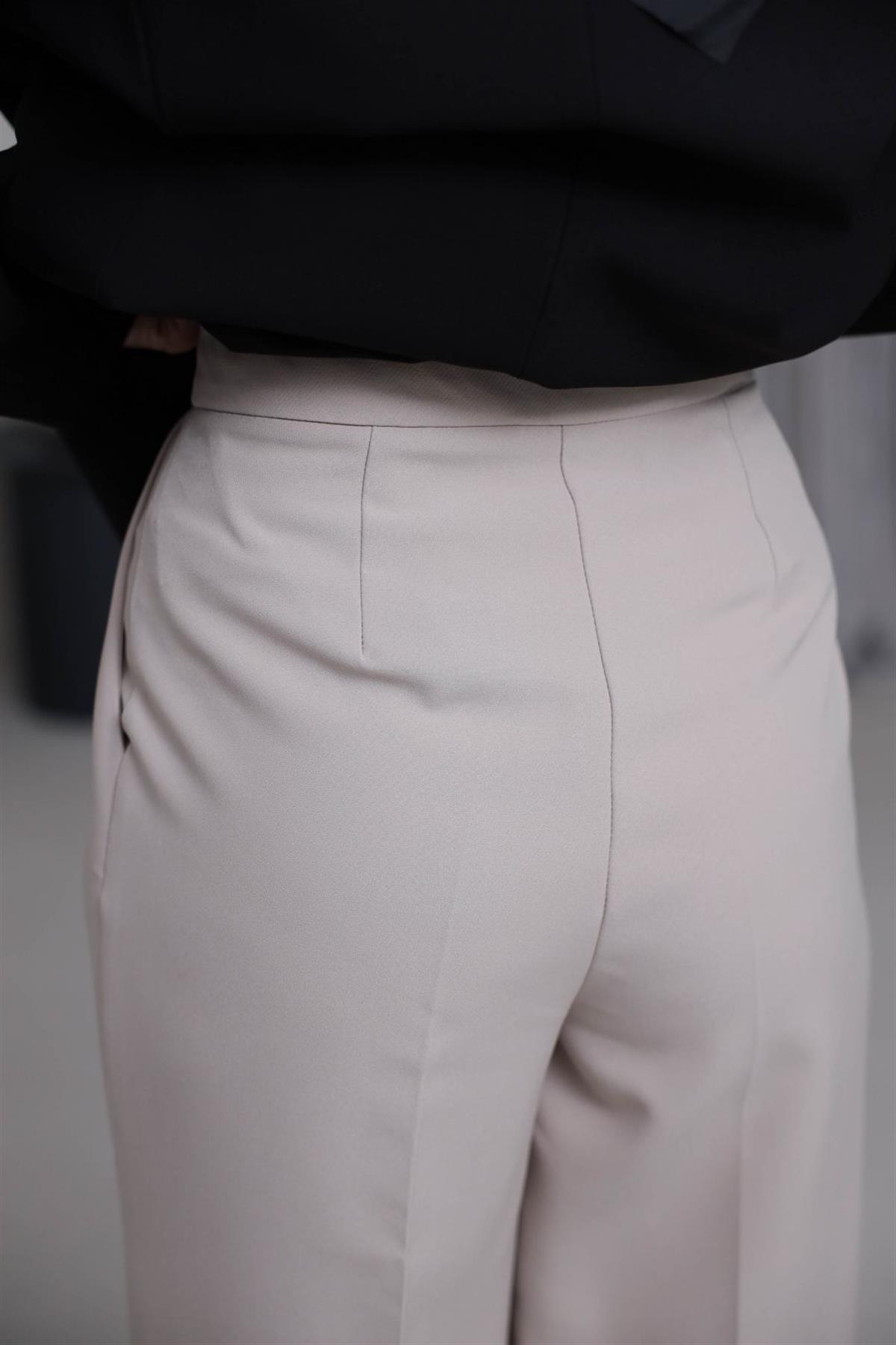 3869 Çift Pilili Kumaş Pantolon TAŞ