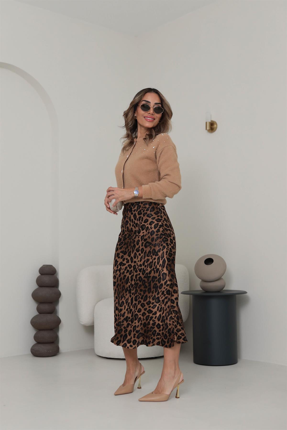 6575 Leopar Desen Verev İpek Saten Etek KAHVE