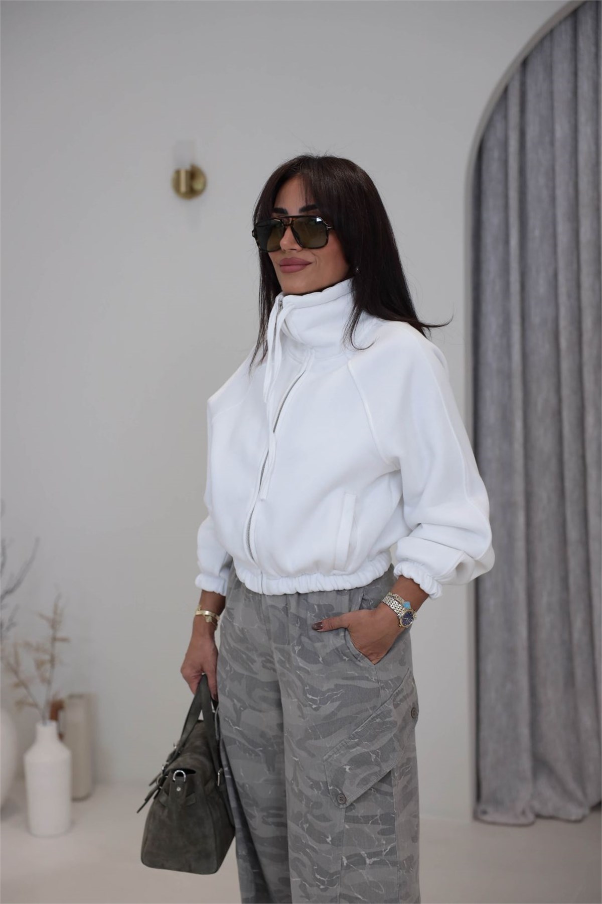 2421 Dik Yaka Fermuarlı Reglan Kol 3 İplik Sweatshirt EKRU