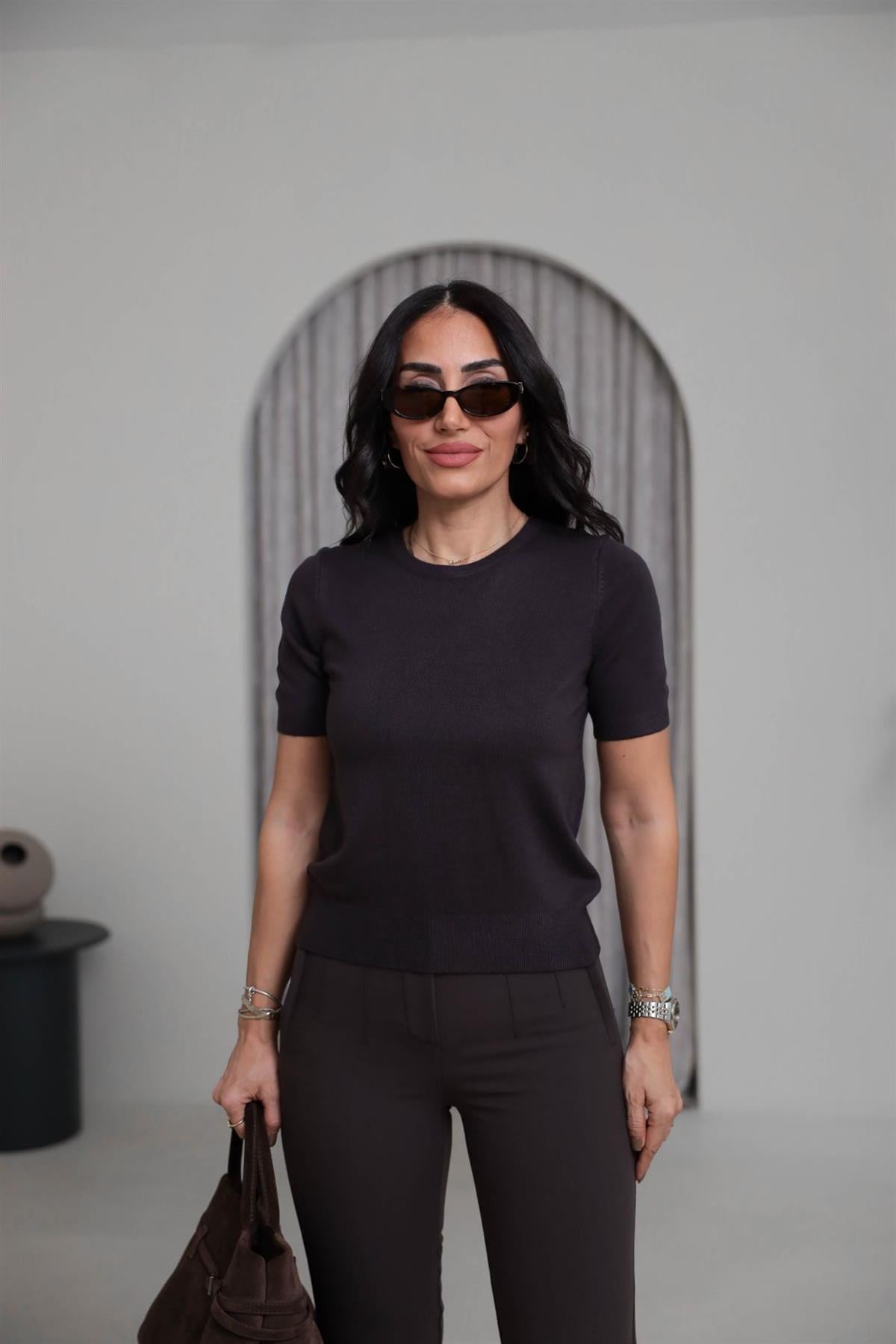 0779 Bisiklet Yaka Kısa Kol Basic Triko Bluz ACI KAHVE