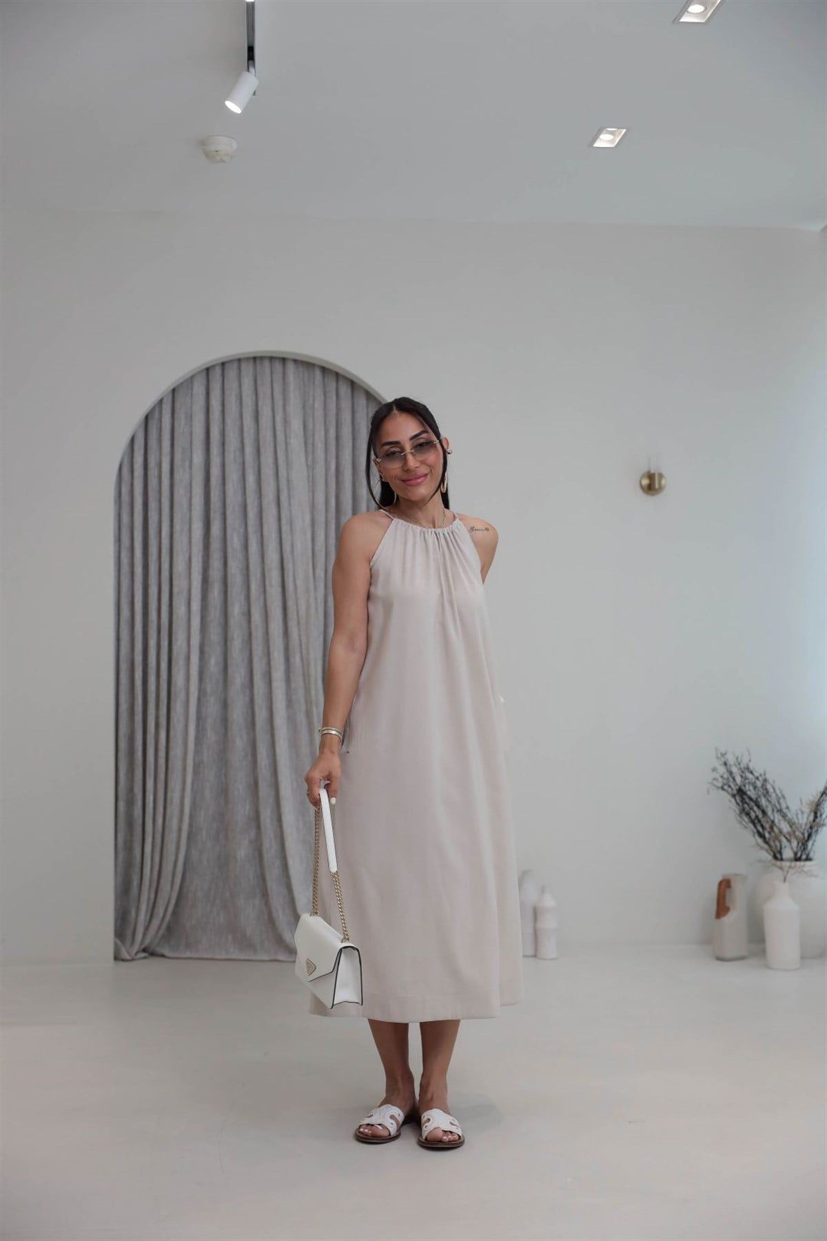 1106C İpli Halter Yaka Cepli Tencel Elbise TAŞ