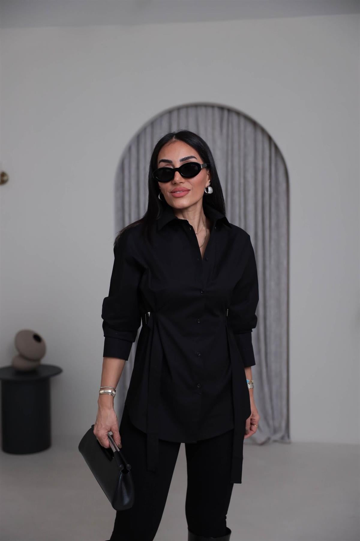 7176 Beli Kemer Detaylı Gömlek SİYAH