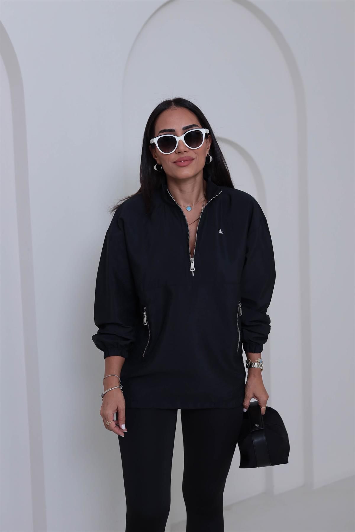 2120 Yazı Baskılı Rahat Paraşüt Sweatshirt SİYAH