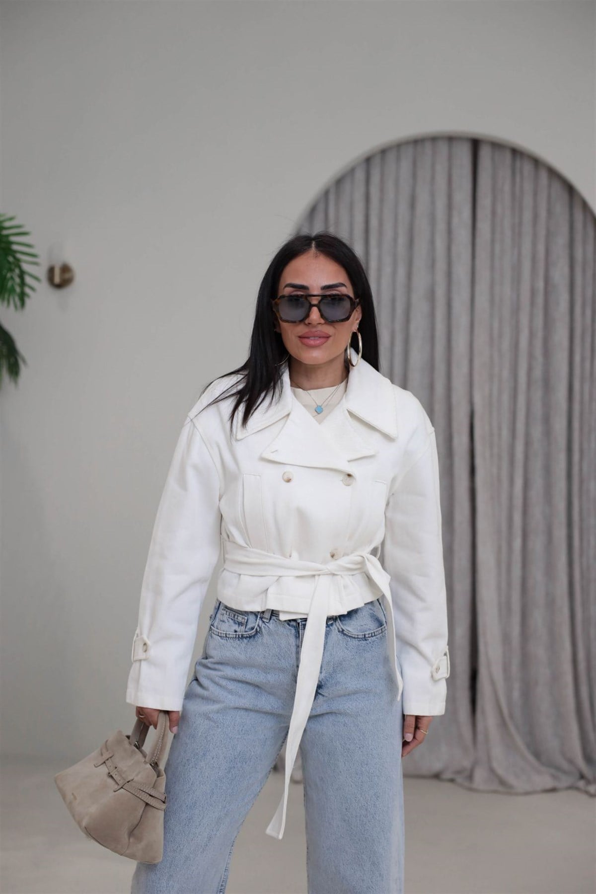 1185 Geniş Yakalı Düğmeli Pamuklu Ceket EKRU