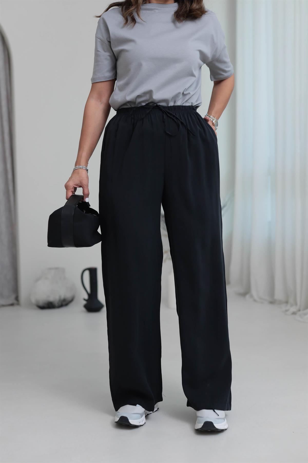 8002 Beli Lastikli Bağcıklı Tencel Pantolon ANTRASİT