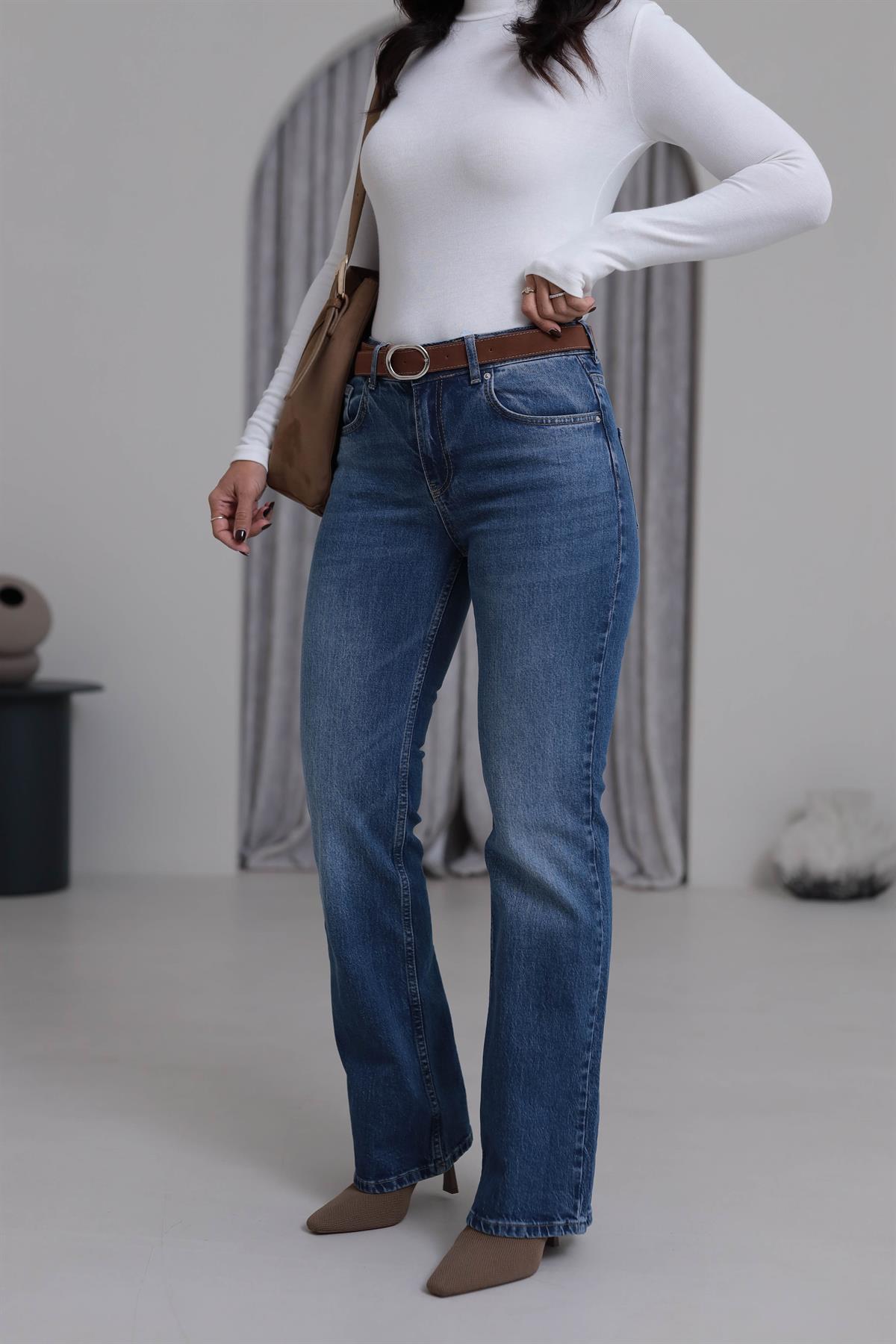 2057 Deri Kemerli Bootcut Pantolon MAVİ