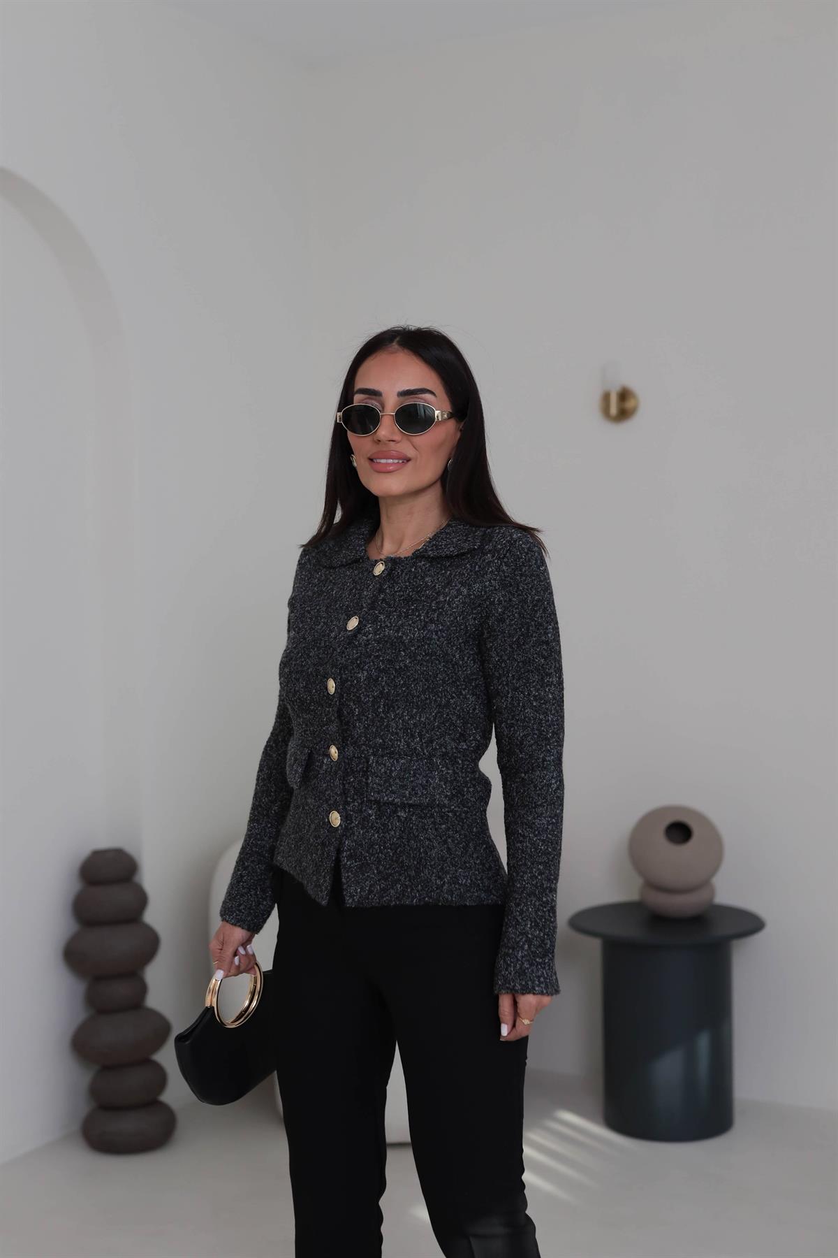 0265 Polo Yaka Düğmeli Cep Detaylı Triko Hırka ANTRASİT