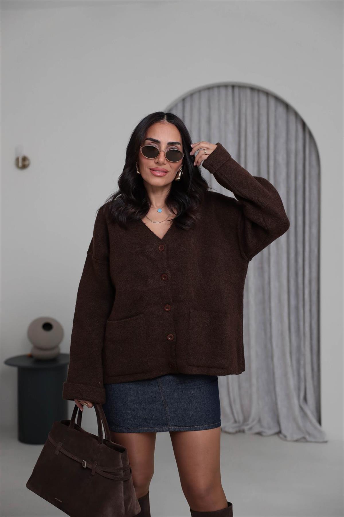 5231 Cepli Ters Dikiş Detaylı Hırka KAHVE