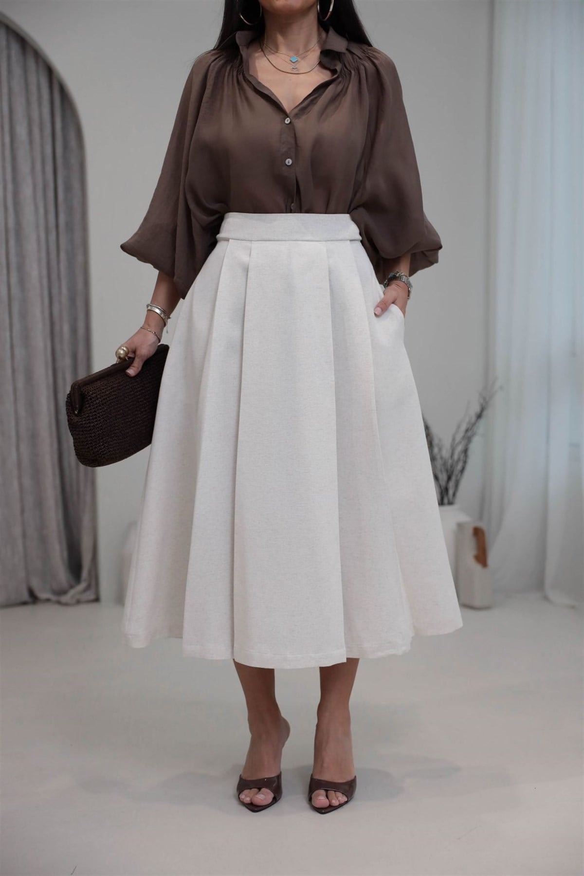 5069 Yüksek Bel Cepli Keten Kumaş Etek NATURAL