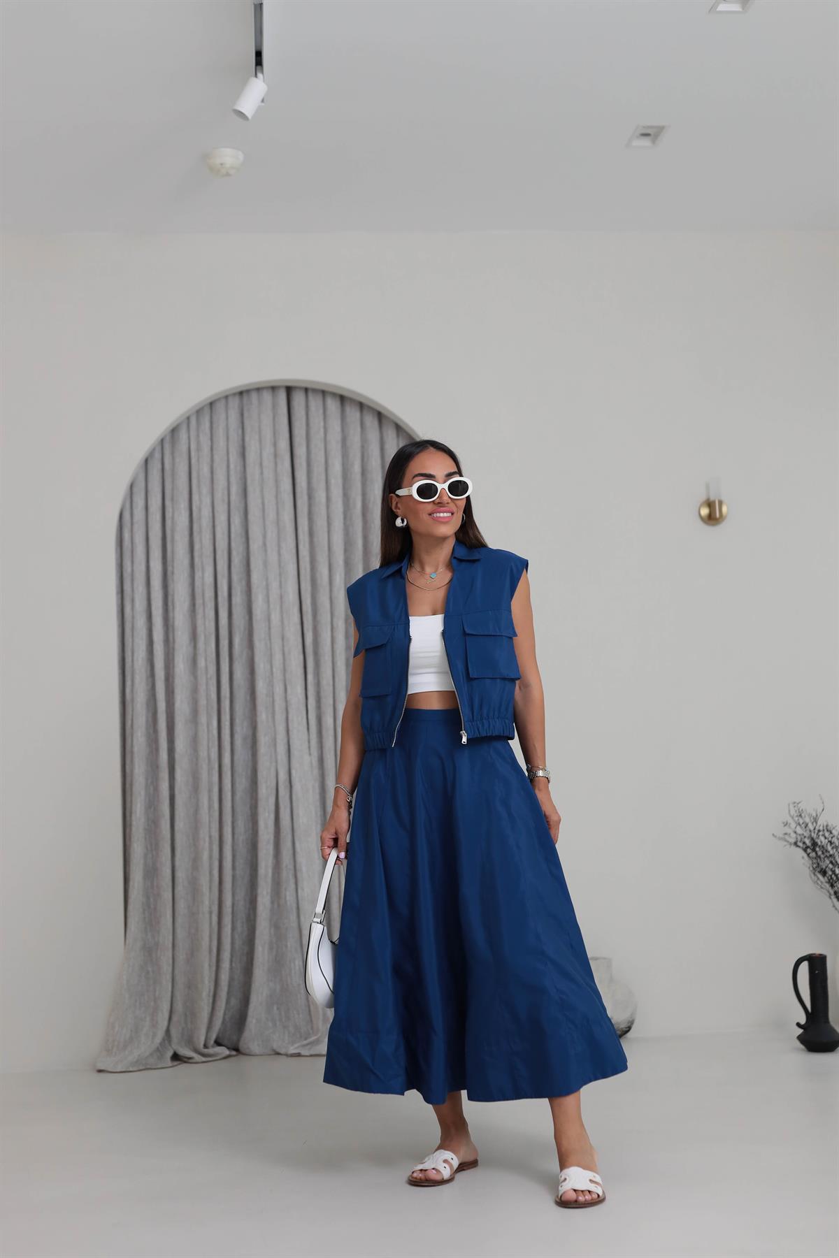 6147 Fermuar Detaylı Cepli Etek Yelek Takım LACİVERT