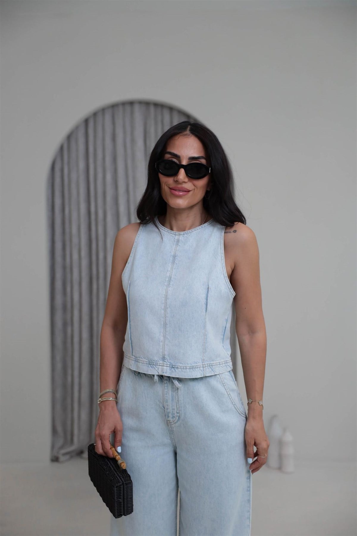 8289 Sıfır Kol Arkası Fermuarlı Tencel Kot Pantolon Bluz Takım BUZ MAVİ