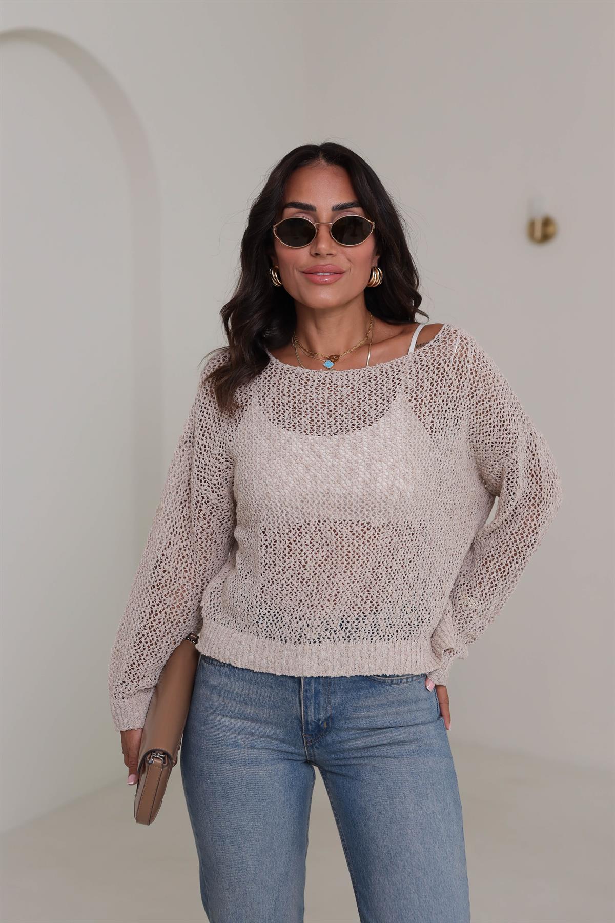 4412 Havuz Yaka Ajurlu Triko BEJ