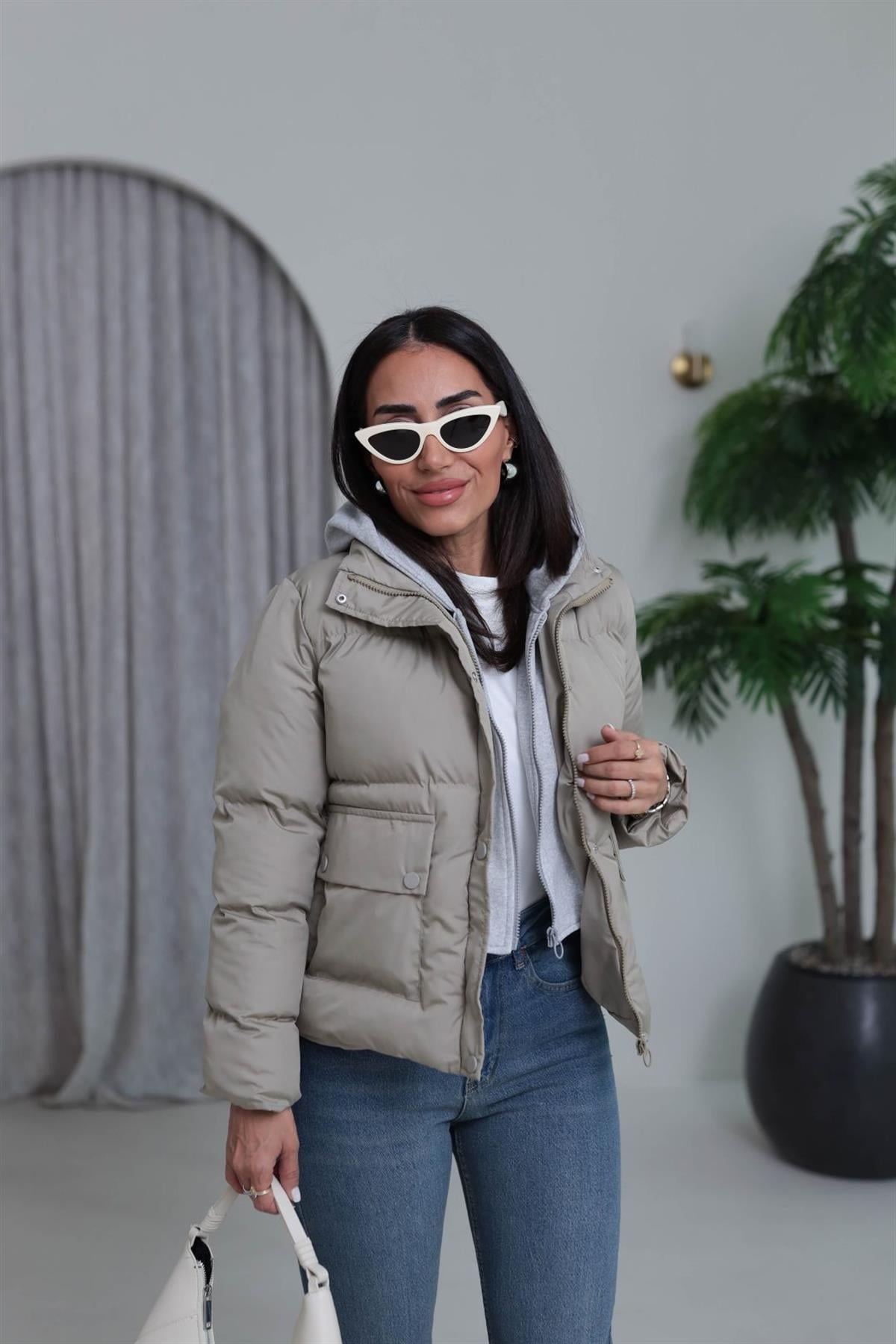 2148 Kapşonlu Şişme Mont BEJ