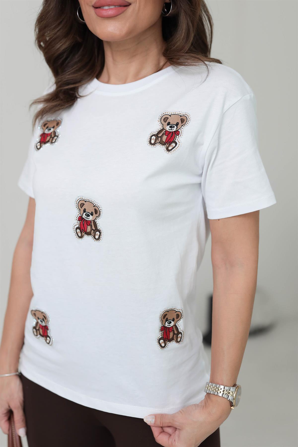 7065 Ayıcıklı Taşlı Pamuklu Tshirt BEYAZ