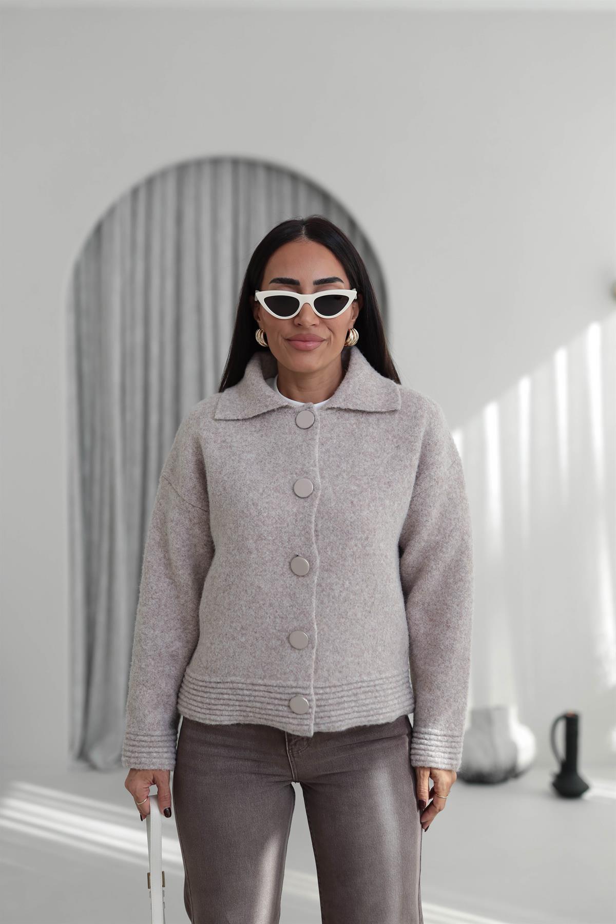 5086 Büyük Düğmeli Polo Yaka Hırka Ceket VİZON