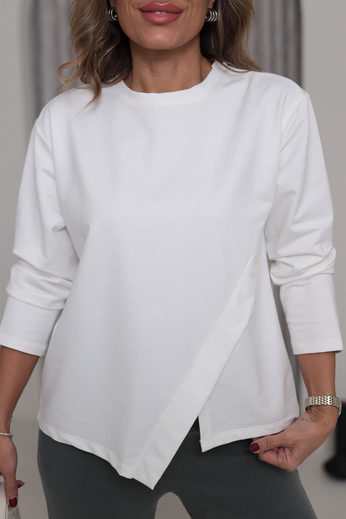 9076 Asimetrik Ön Dikiş Detaylı Sweatshirt EKRU
