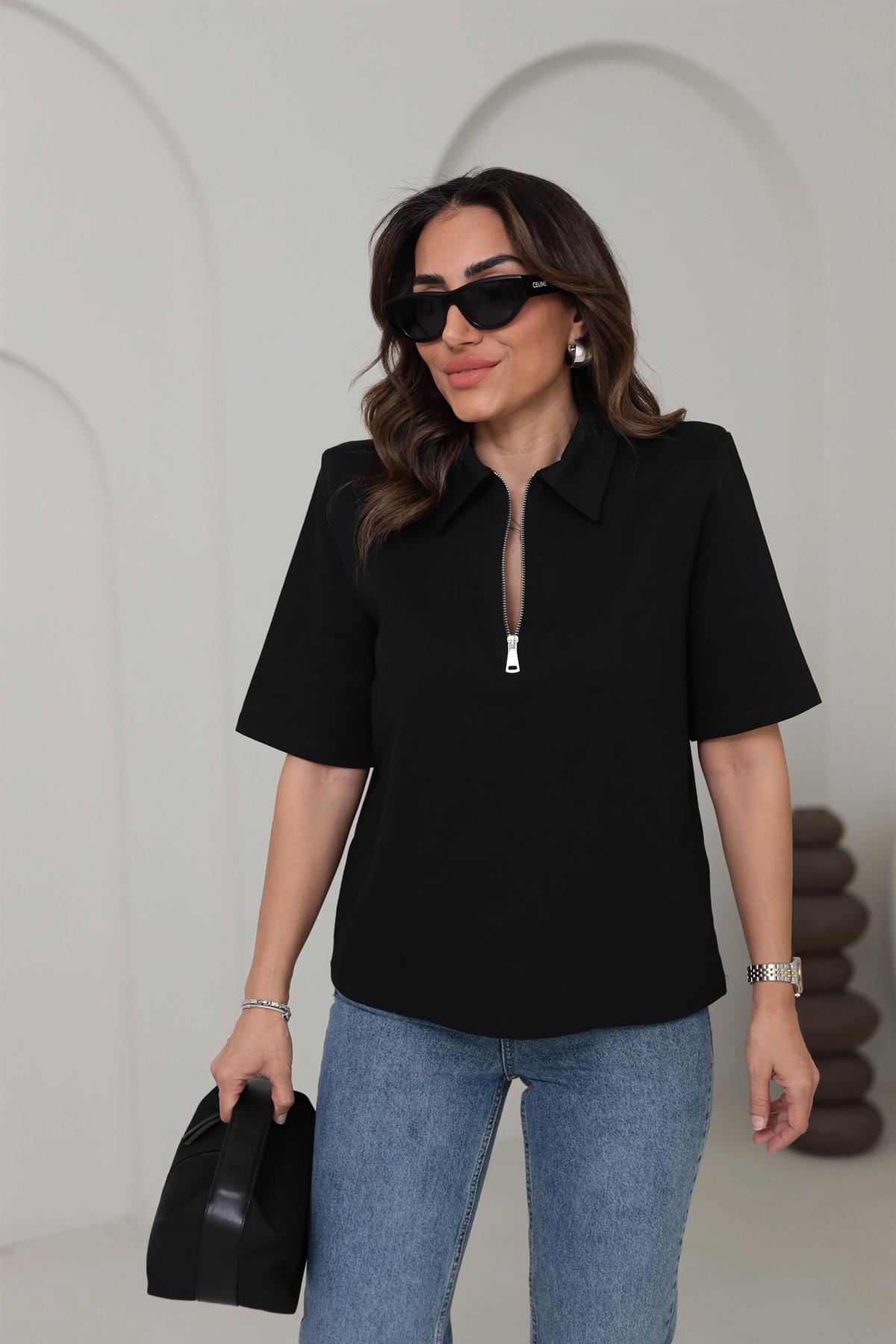 1008 Polo Yaka Fermuarlı Tshirt SİYAH