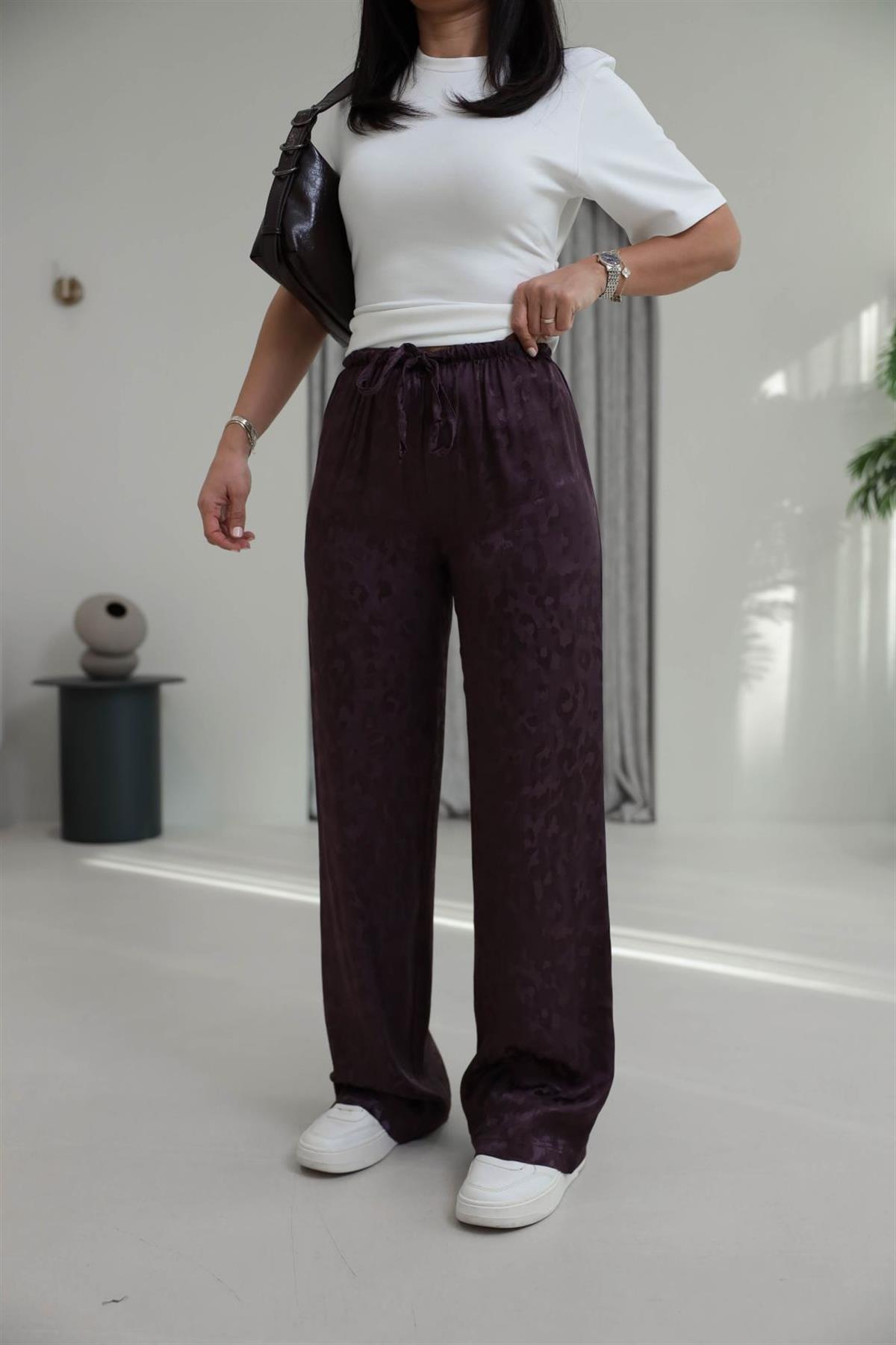 1635Y Leopar Desen Jakarlı Saten Pantolon MÜRDÜM